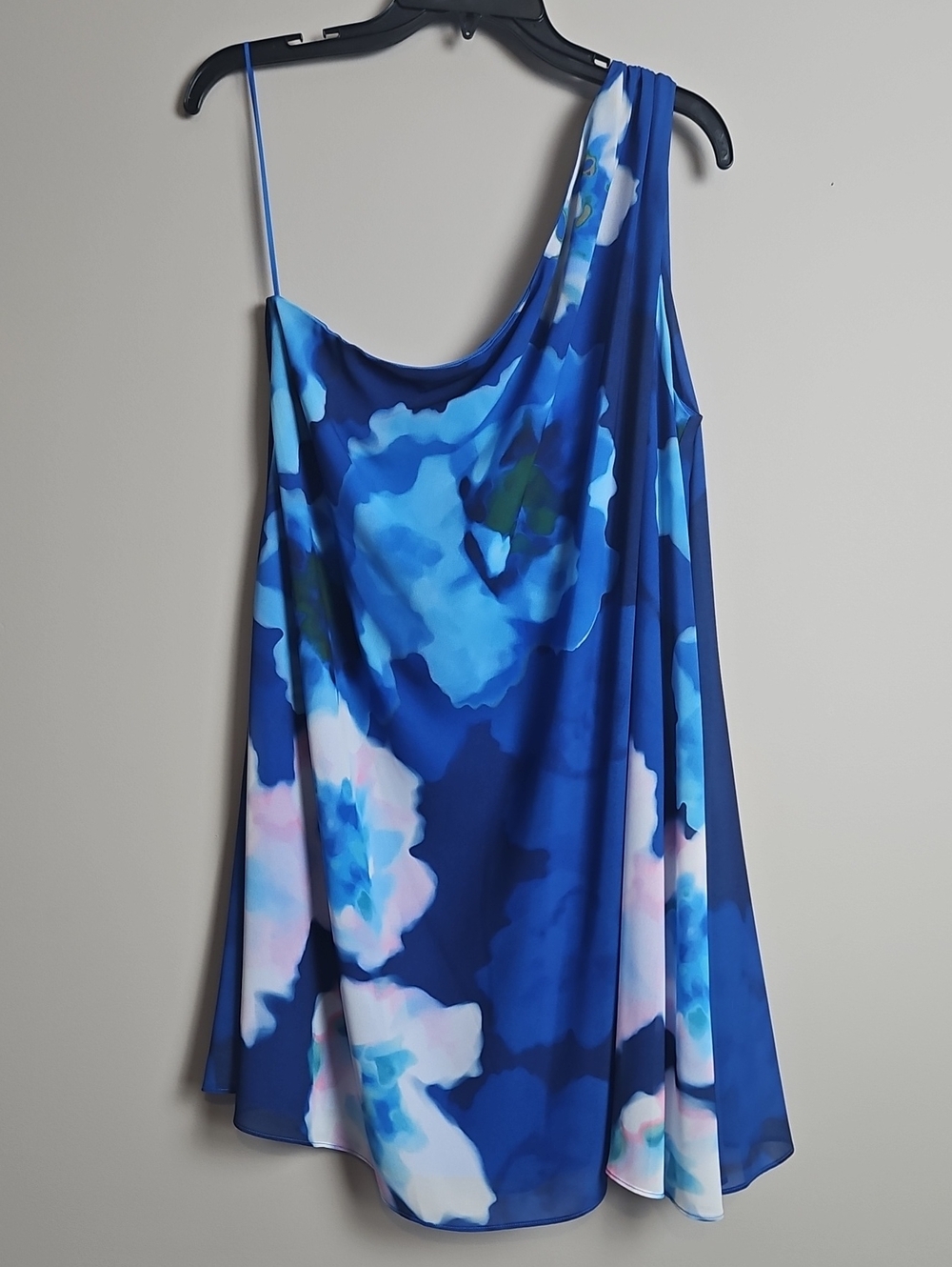Belle Badgley Mischka Kayla One Shoulder Mini Dress: Color-Blue Floral: Size- 10
